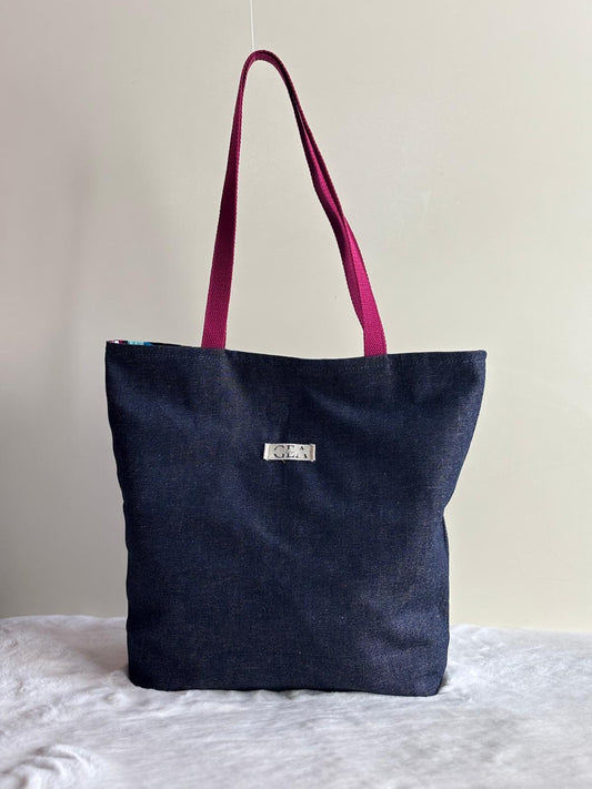 Lyra - Tote bag in denim scuro e cotone floreale deadstock | Gea Design