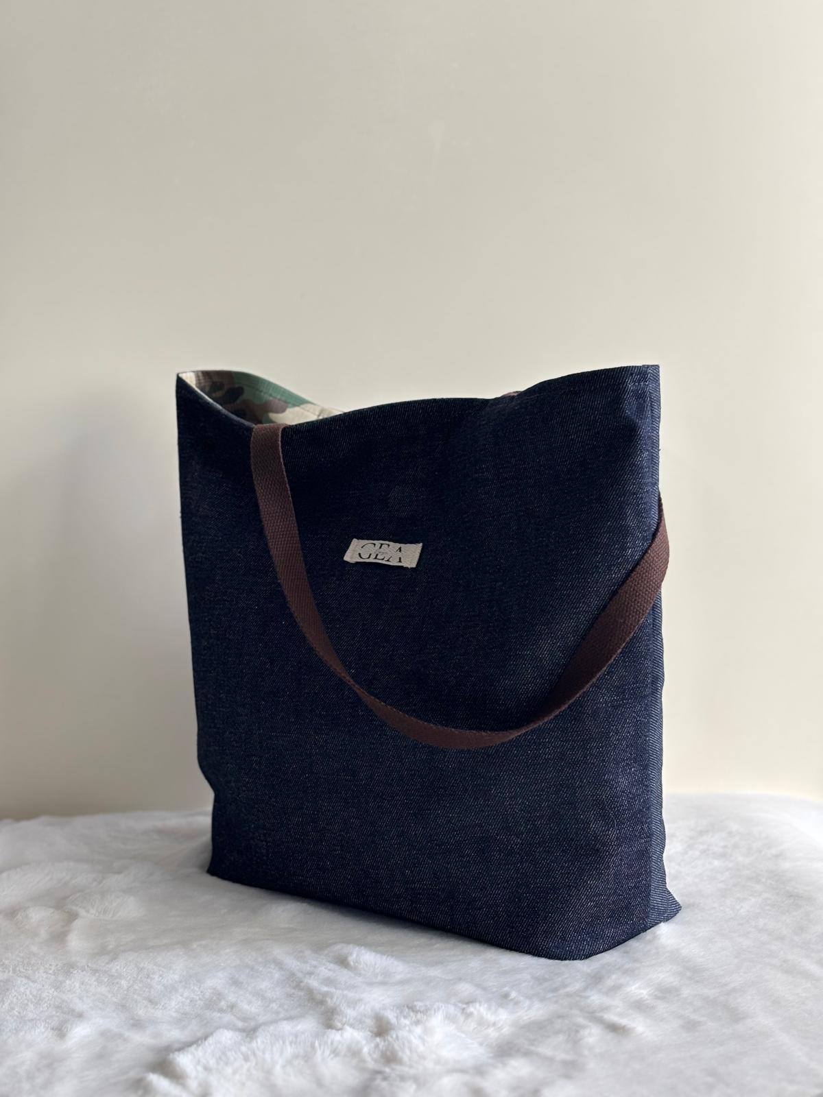 Ryn - Tote bag in denim scuro e cotone militare deadstock | Gea Design