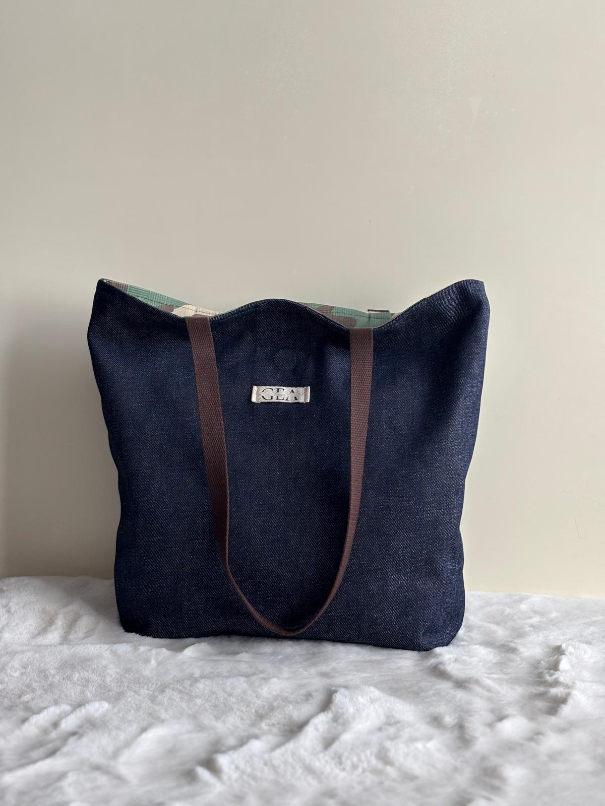 Ryn - Tote bag in denim scuro e cotone militare deadstock | Gea Design