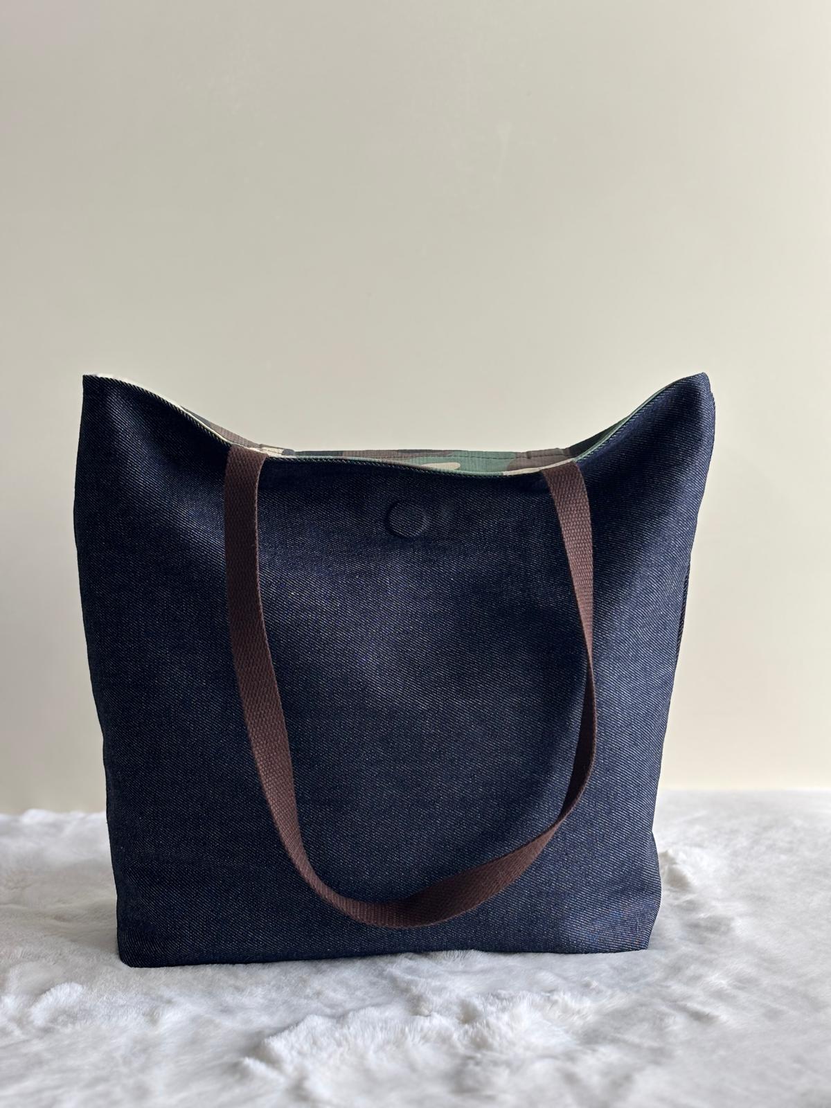 Ryn - Tote bag in denim scuro e cotone militare deadstock | Gea Design