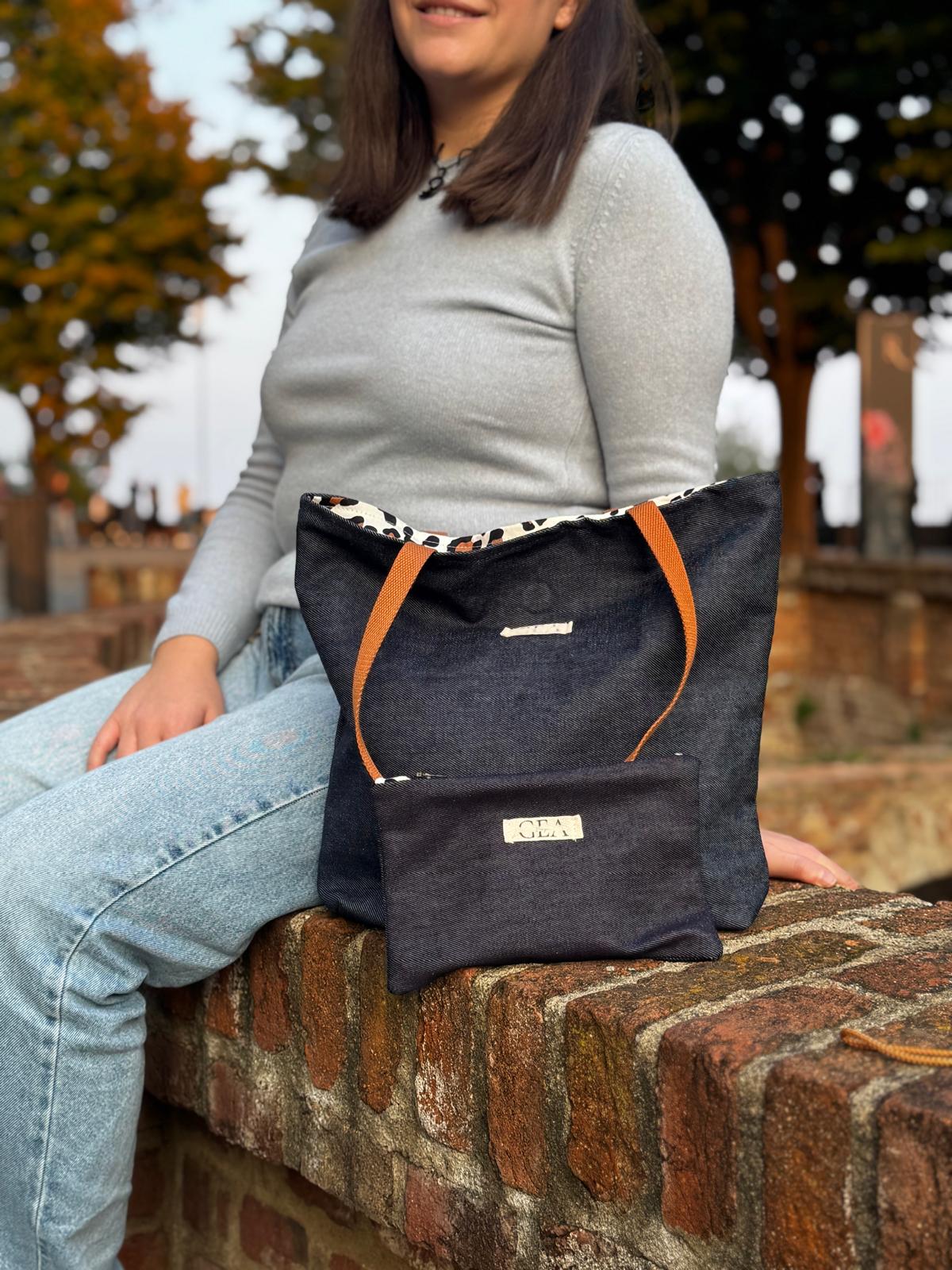 Vora - Set tote bag e pochette in denim scuro e cotone militare deadstock | Gea Design