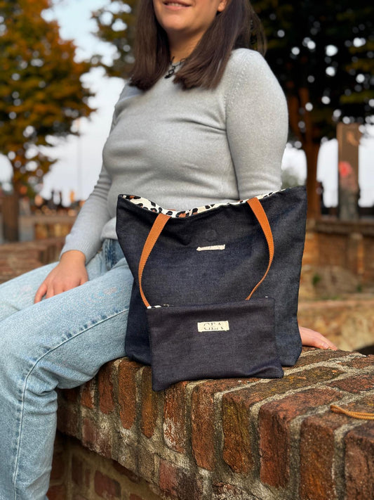 Vora - Set tote bag e pochette in denim scuro e cotone militare deadstock | Gea Design