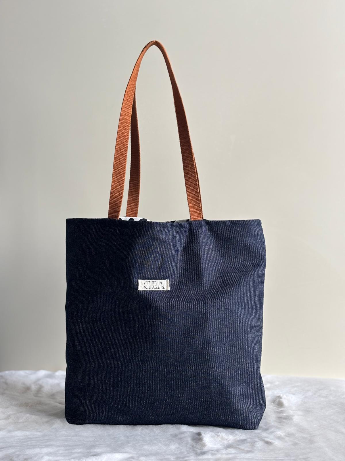Vora - Tote bag in denim scuro e cotone leopardato deadstock | Gea Design