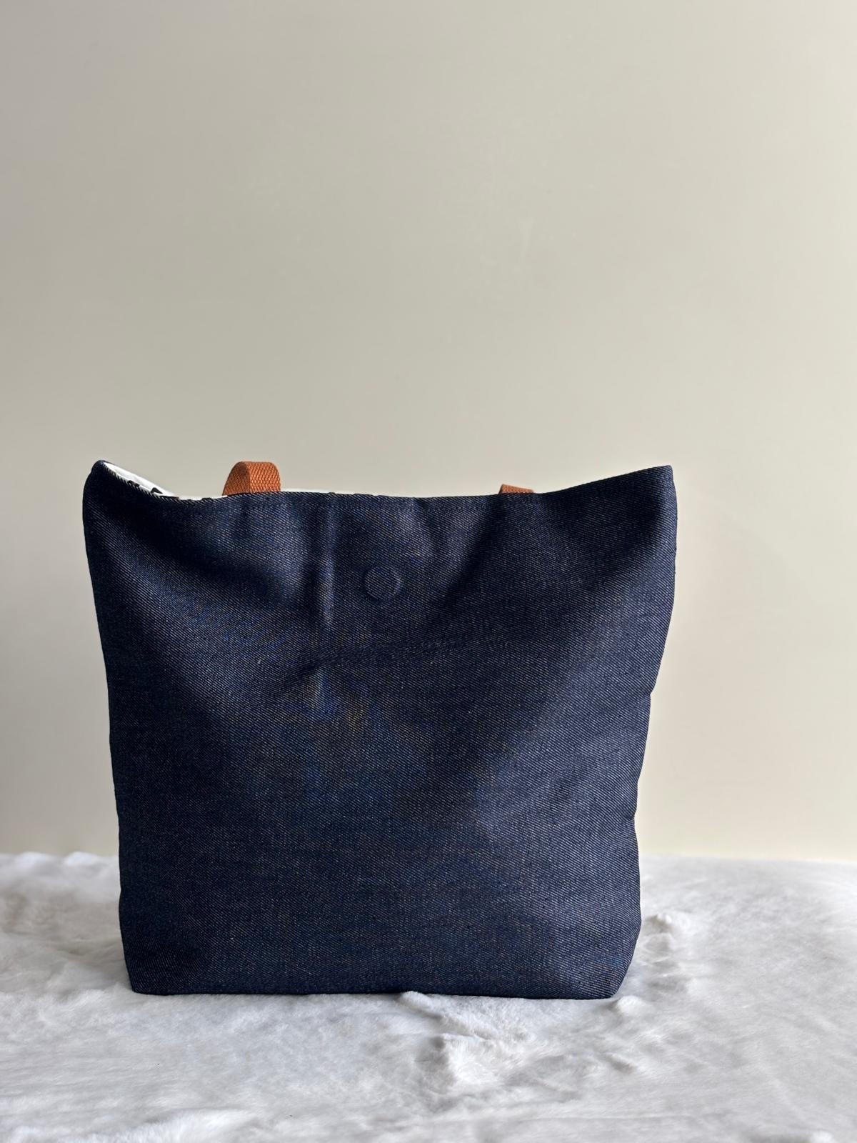 Vora - Tote bag in denim scuro e cotone leopardato deadstock | Gea Design